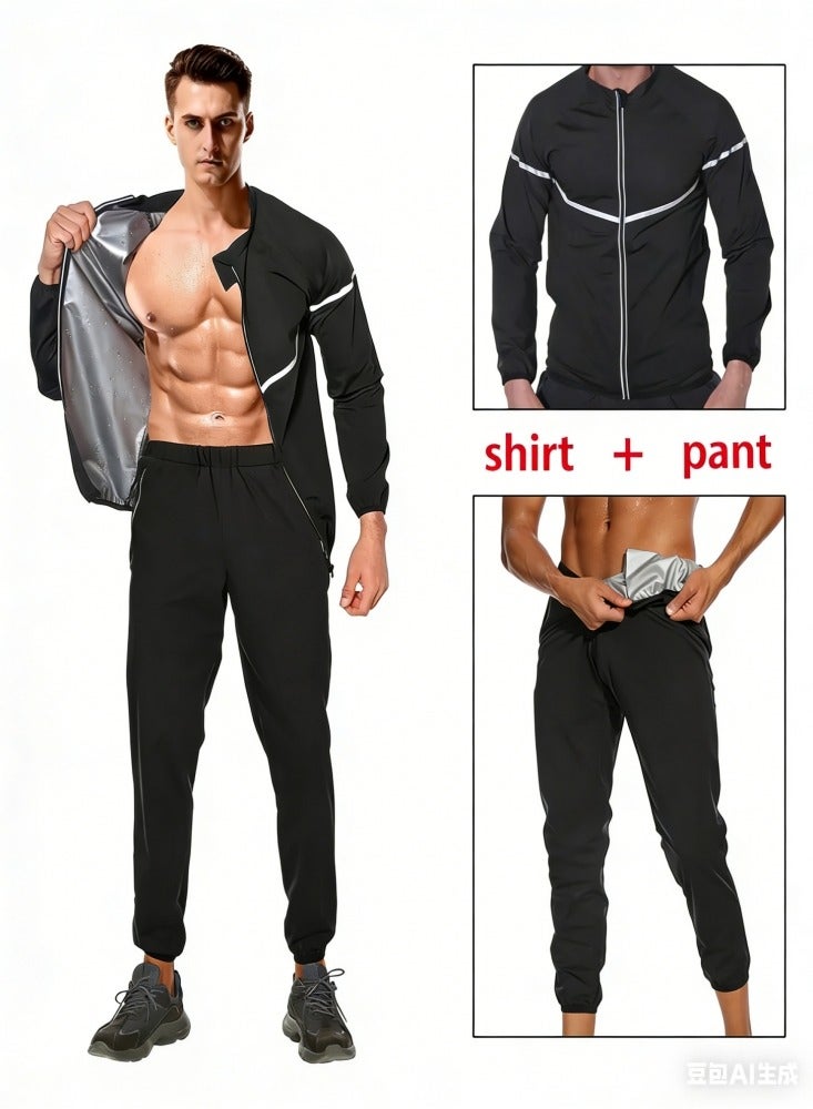 يس طقم بدلة ساونا للرجال، بأكمام طويلة وبنطلون، لحرق المزيد من الدهون، والتعرق أكثر، طقم تمرين لتعزيز التعرق لفقدان الوزن - Image 1